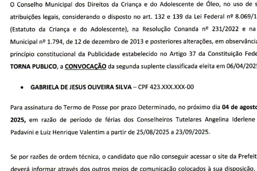 EDITAL 13/2025 CONVOCA CONSELHEIRO TUTELAR SUPLENTE
