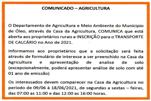 COMUNICADO – AGRICULTURA